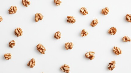 Obraz premium Walnut halves scattered on a clean white background, ideal for packaging design and food-related graphics, culinary use, organic, healthy snacks.