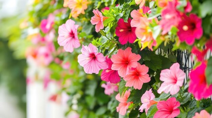 Colorful blooming hibiscus flowers in various shades against a lush green background showcasing tropical beauty and vibrant nature.