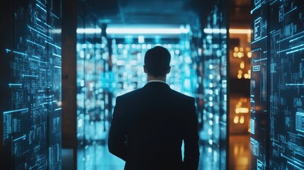 Manager accessing secure data in a digital environment for IoT and AI in smart factory cyber security concept Industry 4.0 technology setting