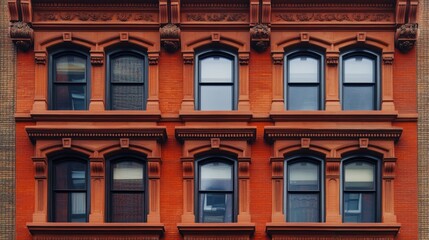 Fototapeta premium Historical commercial building facade with intricate brickwork and decorative windows showcasing urban architecture detail