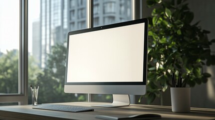 Fototapeta premium Modern Desktop Computer Near Window With Blank Screen