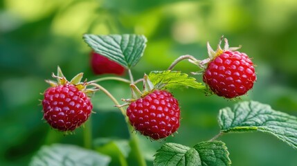 Fresh red raspberries on green foliage background showcasing vibrant colors and organic texture in a natural setting of outdoor plants.