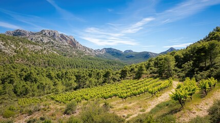 Vineyard landscape in a scenic mountainous region with lush greenery and blue sky under sunlight