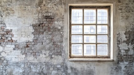 Interior window view showcasing weathered walls with brick and plaster textures illuminating a spacious loft environment.