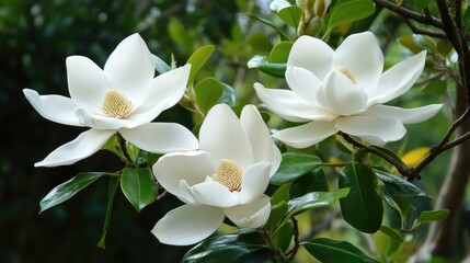 Elegant white magnolia flowers in full bloom surrounded by lush green leaves in a serene garden setting.