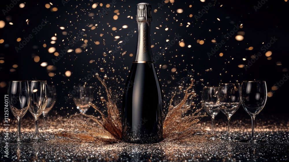 Poster celebratory champagne bursts open, creating a dazzling display, surrounded by stylish glasses ready 