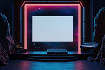 Futuristic Music Studio with Blank Screen and Neon Lights Against a Cosmic Backdrop