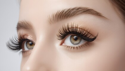 Obraz premium A captivating close-up showcasing a woman's eyes accentuated by long, full eyelashes and subtly applied makeup. The image is a testament to beauty and elegance.