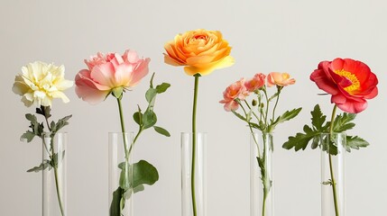 Fototapeta premium Five vibrant flowers in glass tubes against a neutral background.