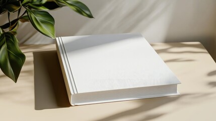 White book mockup on beige table with soft shadows and green plant accent creating a serene and modern atmosphere for presentations