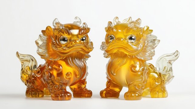 Twins of yellow glass pixiu and gold yuan bao statuettes on a white background symbolizing prosperity and fortune.
