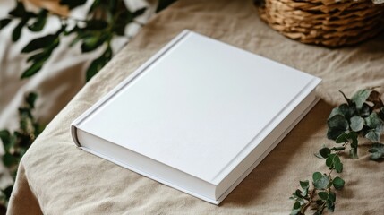 Fototapeta premium Elegant blank book mockup resting on a soft beige table surrounded by natural greenery and woven textures for creative presentations.