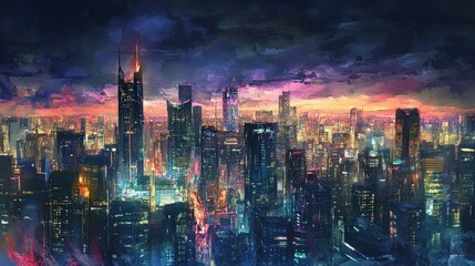 Obraz premium Cyberpunk cityscape, sunset, vibrant, futuristic buildings.