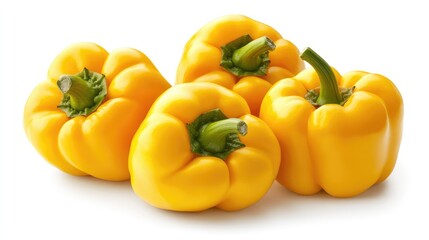 Ripe yellow sweet bell peppers grouped together, isolated on a white background with an overhead view, fresh produce, healthy eating, vibrant colors, flat lay.