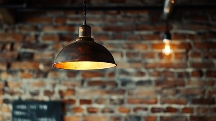 Obraz premium Vintage industrial lamp illuminating textured brick wall in a softly lit interior space creating a warm and inviting atmosphere