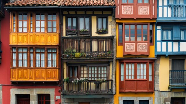 Charming Historic Basque Architecture Showcasing Colorful Facades and Traditional Design Elements in a Scenic Neighborhood
