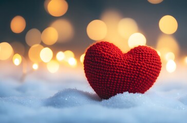 Knitted Red Heart In Winter Snow With Lights