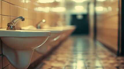 Washbasins in a hostel restroom with blurred background and ample copy space for advertising or informational text.