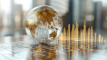 crystal-clear globe rests on a financial chart, symbolizing global markets, economic connections, sustainability, and the interdependence of finance and environmental stewardship