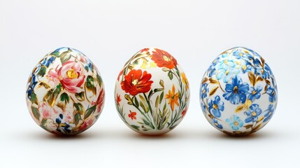 Ukrainian traditional painted Easter eggs with floral designs showcasing vibrant colors on a neutral background.