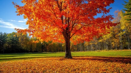 Vibrant autumn landscape featuring a majestic orange tree surrounded by colorful foliage in a sunny Southern Ontario meadow