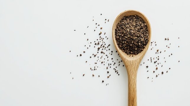 Wooden spoon filled with ground cumin seeds, scattered seeds nearby, minimalist composition on a clean white background, cooking, culinary, spices, kitchen design.