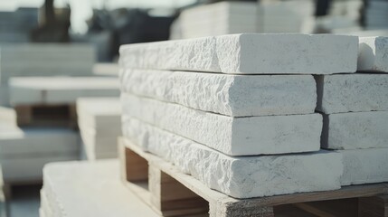 Close-up of white brick texture on paving slabs stacked on wooden pallets, arranged at a construction site with blurred background, construction, materials, industrial setting.