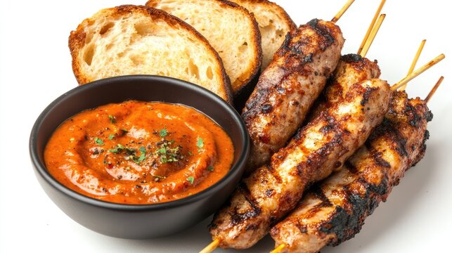 Grilled calcots with romesco sauce served with botifarra sausage and toasted bread on a white background
