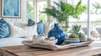 Coastal living room decor with blurred wooden tabletop showcasing decorative pots and plants in a serene atmospheric setting