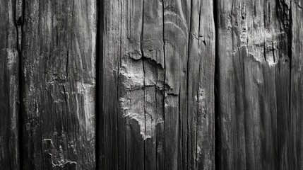 Vertical close-up of tree trunk revealing detailed textures and patterns of weathered wood with peeling bark in monochrome tones.