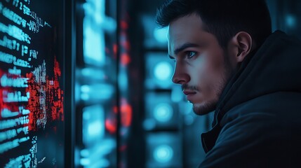 A focused individual observing digital data on a screen in a tech environment.