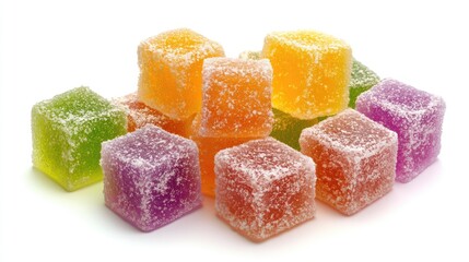 Colorful Turkish delight pieces stacked on white background showcasing their gelatinous texture and sugary coating in vibrant hues.