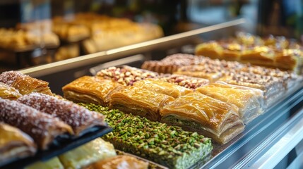 Fototapeta premium Turkish Pistachio Baklava Assortment in Bakery Display Freshly Made Traditional Sweets