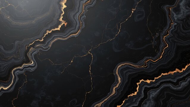 Luxury Black Marble Texture, Swirling Veins & Gold Accents
