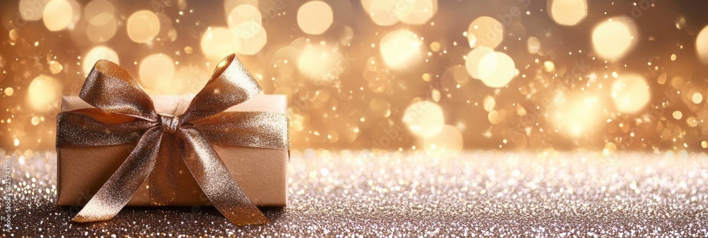 Poster a golden ribbon elegantly tied in a bow sits atop a glittering surface, creating a festive atmospher