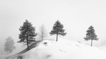 Snow-covered hill with trees in a serene winter landscape featuring soft snowfall and a tranquil atmosphere.