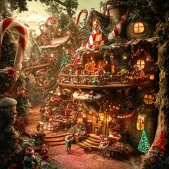 Fototapeta premium Festive holiday village scene enchanted forest digital art whimsical atmosphere eye-level view christmas spirit