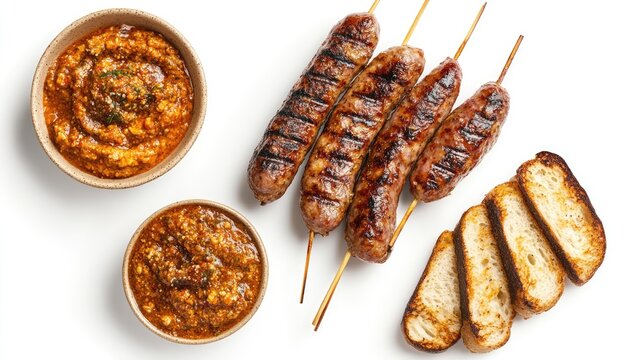 Grilled calcots and botifarra sausages with romesco sauce and toasted bread on a white background ideal for Mediterranean cuisine promotions