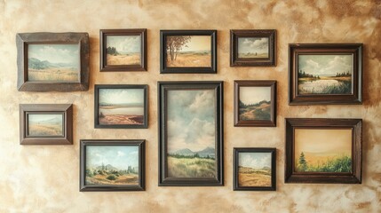 Collection of vintage landscape paintings in ornate frames displayed on a textured beige wall for elegant home decor inspiration