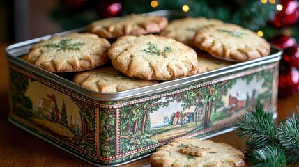 A festive tin filled with beautifully decorated cookies, surrounded by Christmas decorations, evoking holiday cheer and homemade treats.