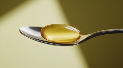 Close-up of a shiny spoon holding a golden Vitamin E supplement gel capsule, with soft lighting and a muted green background, health, nutrition, wellness, dietary supplement.