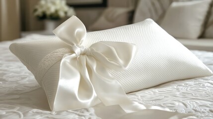 Elegant white decorative pillow with a satin ribbon on a beautifully arranged bed in a bright, cozy bedroom setting.