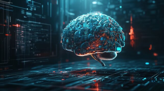 A digital brain integrates with AI components like circuits and holographic projections in a high-tech environment, showcasing innovation. Generative AI