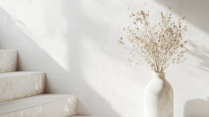 Elegant vase with dried flowers on staircase against a serene white wall creating a minimalist home decor aesthetic.