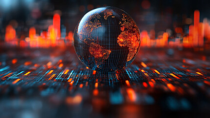 crystal-clear globe rests on a financial chart, symbolizing global markets, economic connections, sustainability, and the interdependence of finance and environmental stewardship