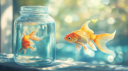 A colorful fish swmming in water contained in a glass bottle.