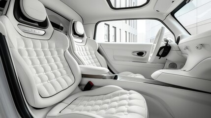 Luxurious white car interior with tufted seats and sunroof.