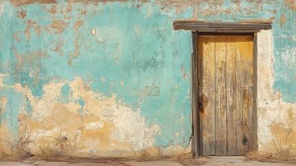 Weathered turquoise wall with rustic wooden door in New Mexico showcasing vibrant colors and textures of Southwestern architecture