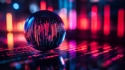 crystal-clear globe rests on a financial chart, symbolizing global markets, economic connections, sustainability, and the interdependence of finance and environmental stewardship