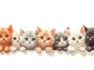 A charming lineup of colorful kittens peeking over a surface.